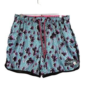 Superdry Shorts Mens 2XL Blue Tropical Palm Tree Swim Trunks Lined Drawstring